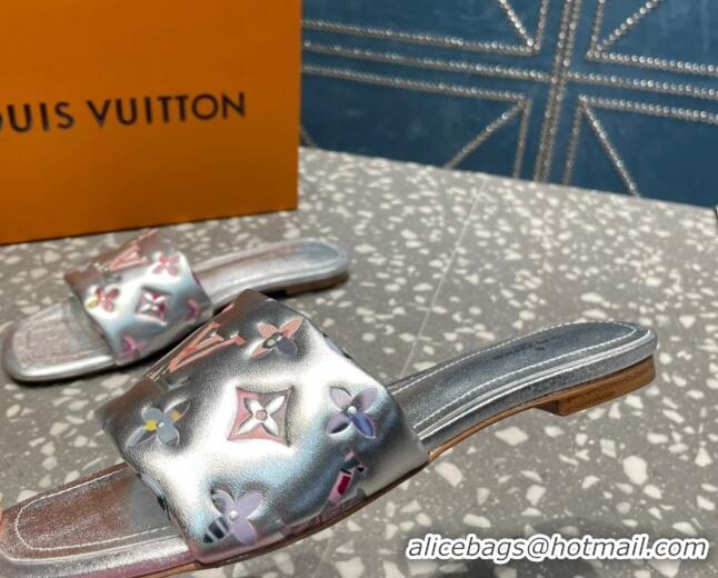 Luxury Louis Vuitton Revival Flat Slide Sandals in Floral Monogram Leather Silver 0921111