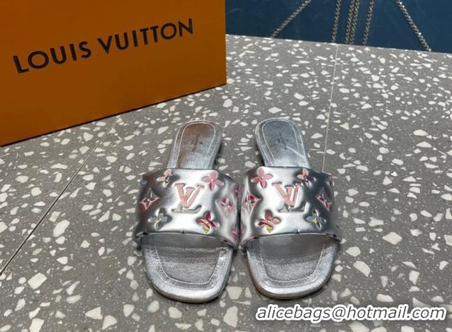 Luxury Louis Vuitton Revival Flat Slide Sandals in Floral Monogram Leather Silver 0921111