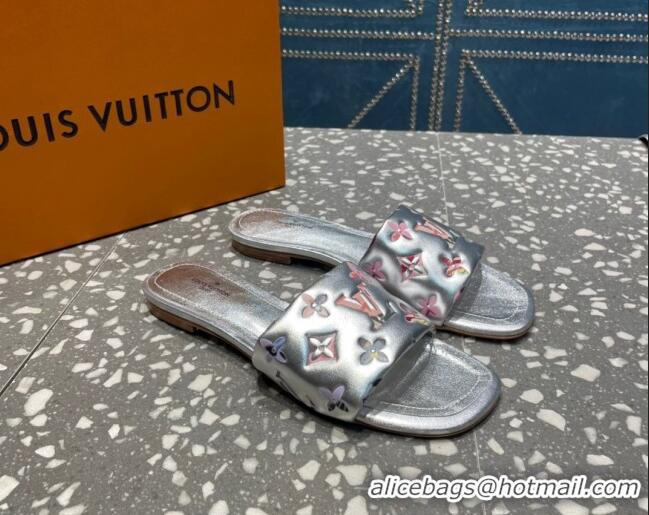 Luxury Louis Vuitton Revival Flat Slide Sandals in Floral Monogram Leather Silver 0921111