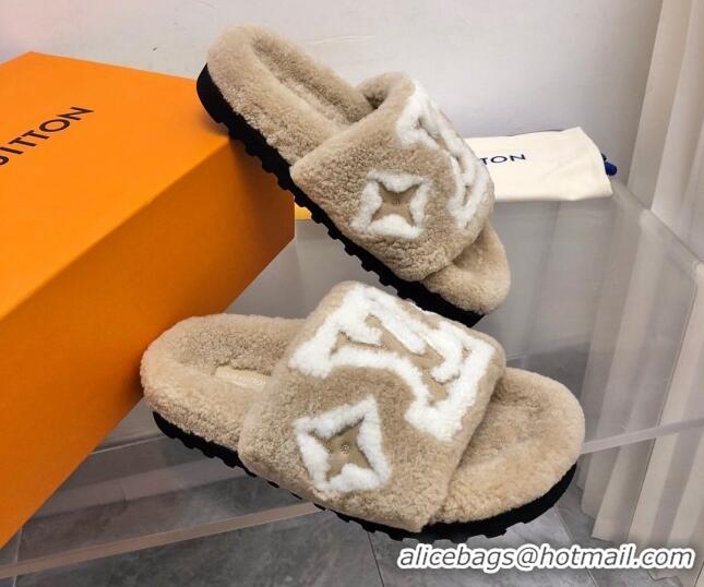 Best Product Louis Vuitton Shearling Slide Sandals Beige 0921112