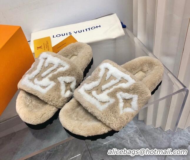 Best Product Louis Vuitton Shearling Slide Sandals Beige 0921112