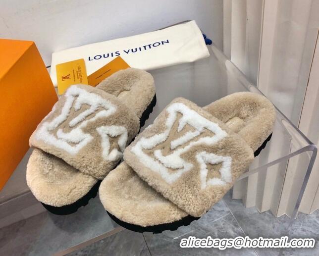 Best Product Louis Vuitton Shearling Slide Sandals Beige 0921112