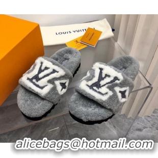 Discount Louis Vuitton Shearling Slide Sandals Grey 921114