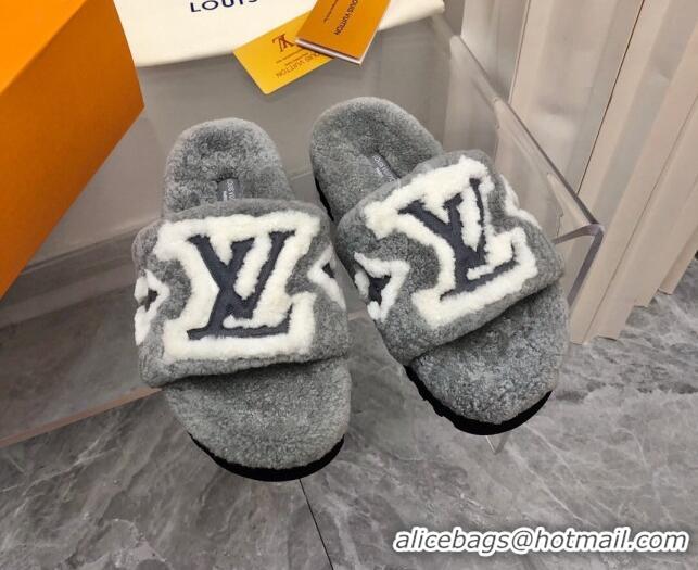 Discount Louis Vuitton Shearling Slide Sandals Grey 921114