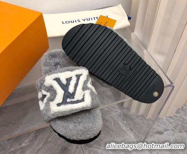 Discount Louis Vuitton Shearling Slide Sandals Grey 921114