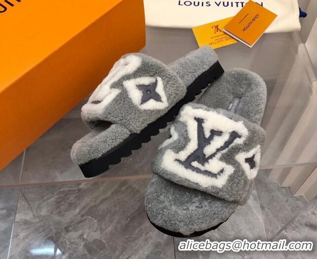 Discount Louis Vuitton Shearling Slide Sandals Grey 921114