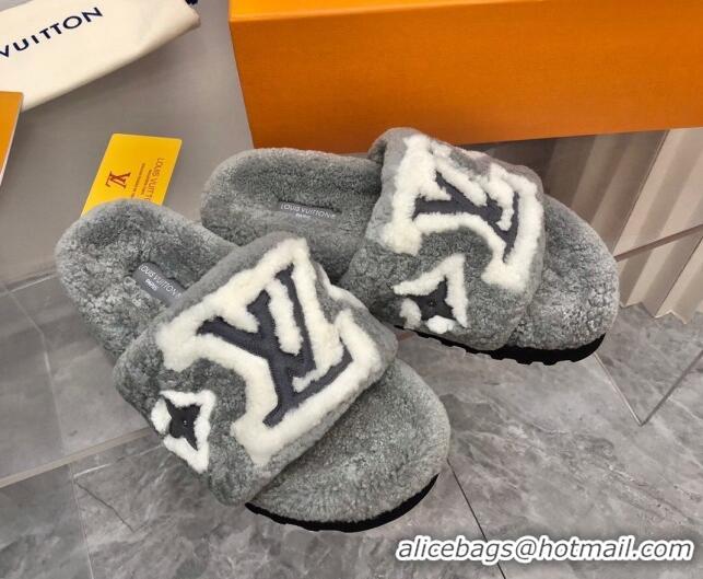 Discount Louis Vuitton Shearling Slide Sandals Grey 921114