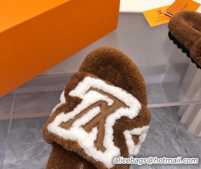 Fashion Louis Vuitton Shearling Slide Sandals Brown 921115