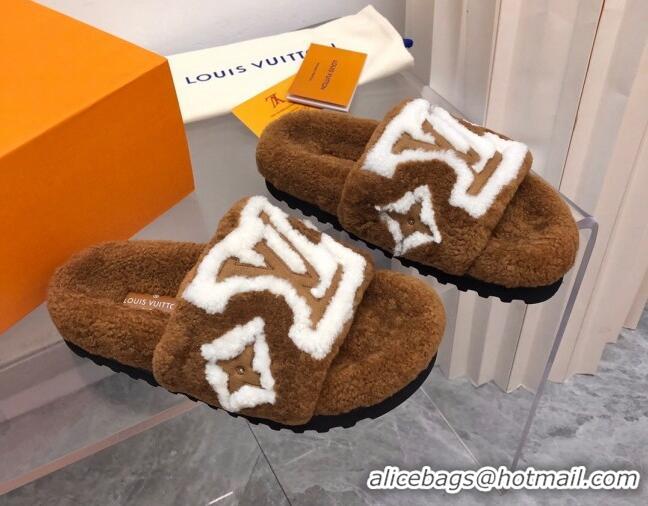 Fashion Louis Vuitton Shearling Slide Sandals Brown 921115