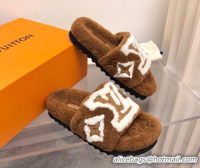 Fashion Louis Vuitton Shearling Slide Sandals Brown 921115