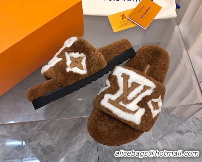 Fashion Louis Vuitton Shearling Slide Sandals Brown 921115