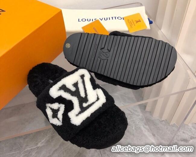 Top Grade Louis Vuitton Shearling Slide Sandals Black 921116