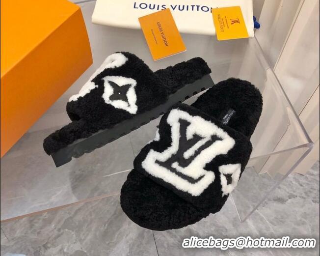 Top Grade Louis Vuitton Shearling Slide Sandals Black 921116