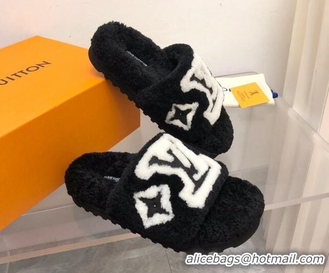 Top Grade Louis Vuitton Shearling Slide Sandals Black 921116