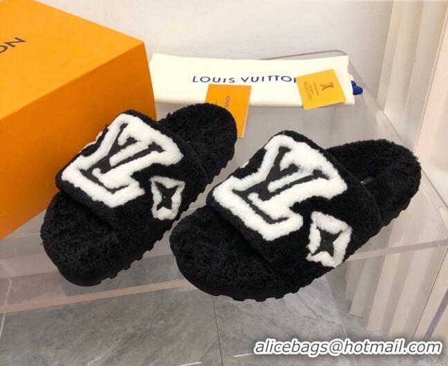 Top Grade Louis Vuitton Shearling Slide Sandals Black 921116