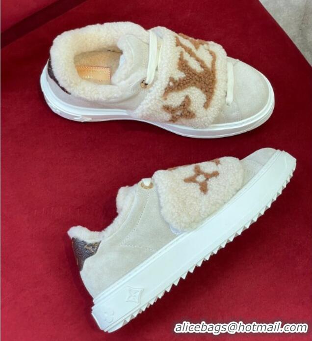 Duplicate Louis Vuitton Time Out Sneakers in Suede and Shearling Light Grey 1AADTC