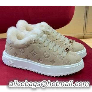 Unique Style Louis Vuitton Time Out Sneakers in Monogram Suede and Shearling Beige 921120