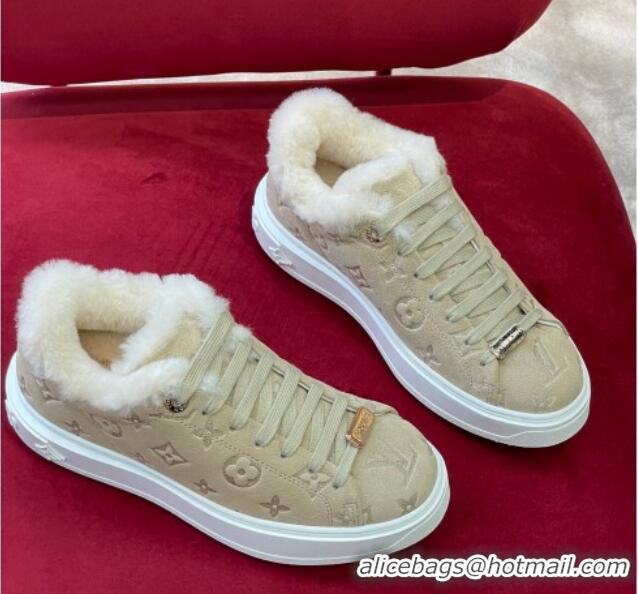 Unique Style Louis Vuitton Time Out Sneakers in Monogram Suede and Shearling Beige 921120