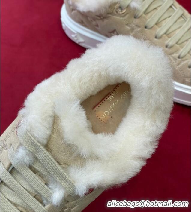 Unique Style Louis Vuitton Time Out Sneakers in Monogram Suede and Shearling Beige 921120