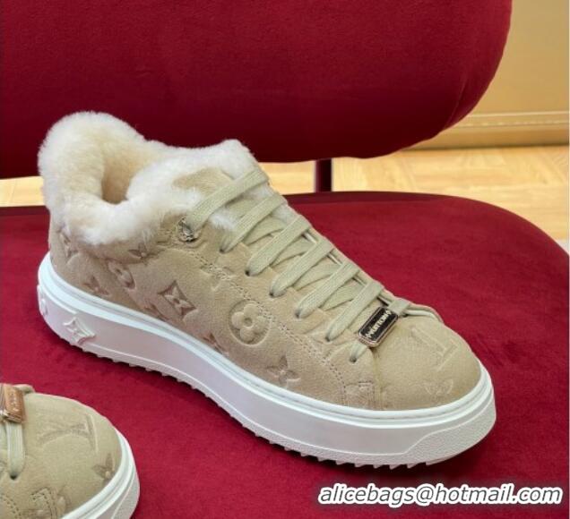 Unique Style Louis Vuitton Time Out Sneakers in Monogram Suede and Shearling Beige 921120