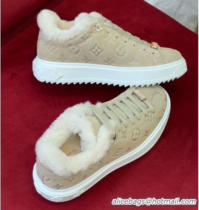 Unique Style Louis Vuitton Time Out Sneakers in Monogram Suede and Shearling Beige 921120