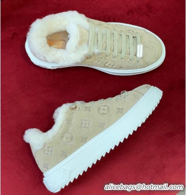 Unique Style Louis Vuitton Time Out Sneakers in Monogram Suede and Shearling Beige 921120