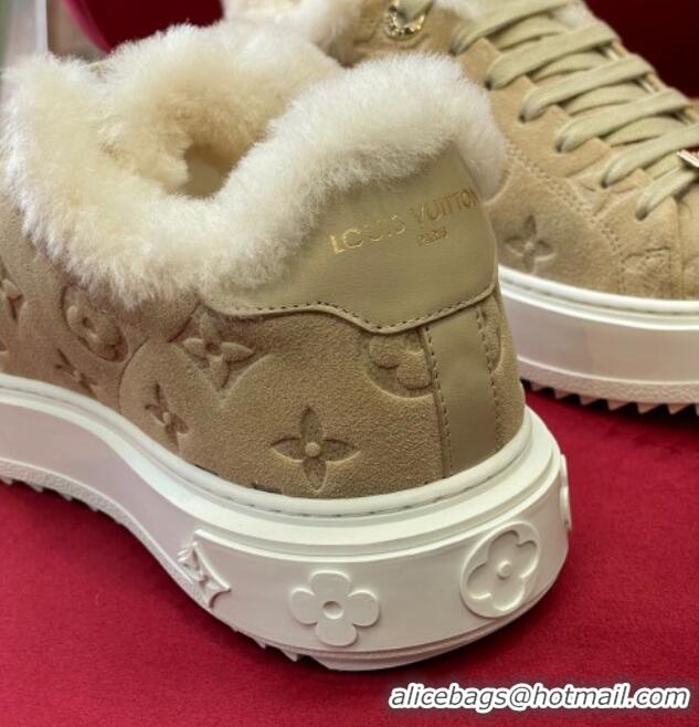 Unique Style Louis Vuitton Time Out Sneakers in Monogram Suede and Shearling Beige 921120