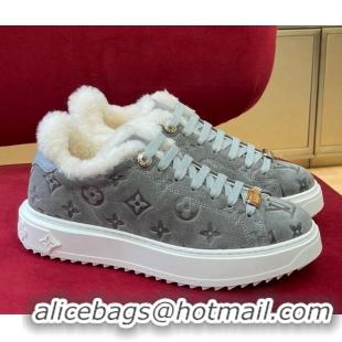 Popular Style Louis Vuitton Time Out Sneakers in Monogram Suede and Shearling Grey 921121