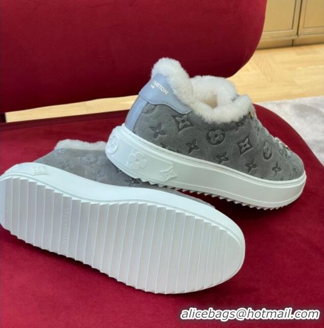 Popular Style Louis Vuitton Time Out Sneakers in Monogram Suede and Shearling Grey 921121