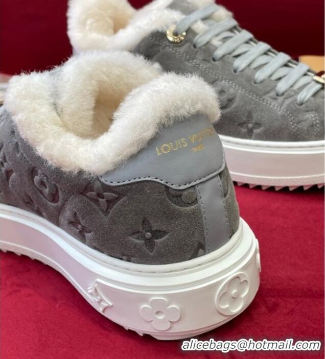 Popular Style Louis Vuitton Time Out Sneakers in Monogram Suede and Shearling Grey 921121