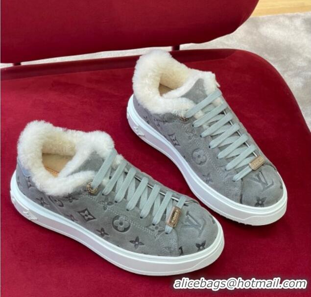 Popular Style Louis Vuitton Time Out Sneakers in Monogram Suede and Shearling Grey 921121