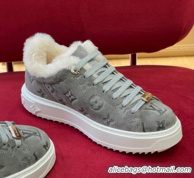 Popular Style Louis Vuitton Time Out Sneakers in Monogram Suede and Shearling Grey 921121