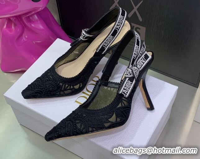 Perfect Dior J'Adior Slingback Pumps 9.5cm in Black Macrame Embroidered Cotton 062147