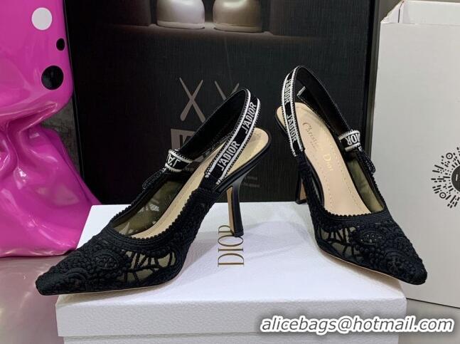 Perfect Dior J'Adior Slingback Pumps 9.5cm in Black Macrame Embroidered Cotton 062147