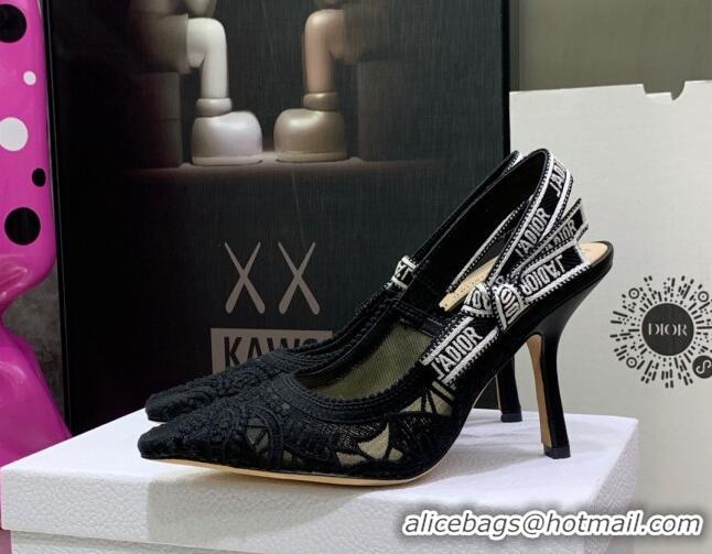 Perfect Dior J'Adior Slingback Pumps 9.5cm in Black Macrame Embroidered Cotton 062147