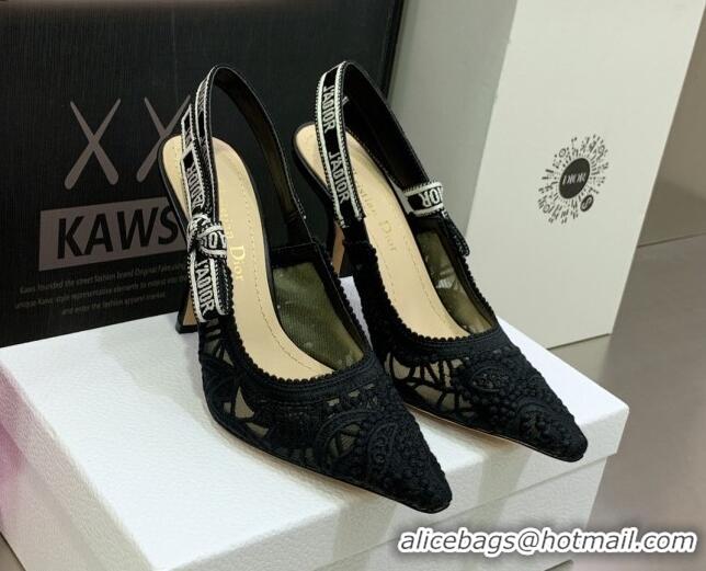 Perfect Dior J'Adior Slingback Pumps 9.5cm in Black Macrame Embroidered Cotton 062147