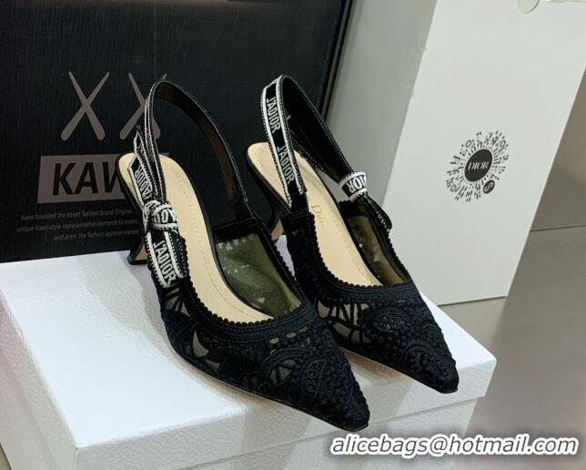 Pretty Style Dior J'Adior Slingback Pumps 6.5cm in Black Macrame Embroidered Cotton 2062148