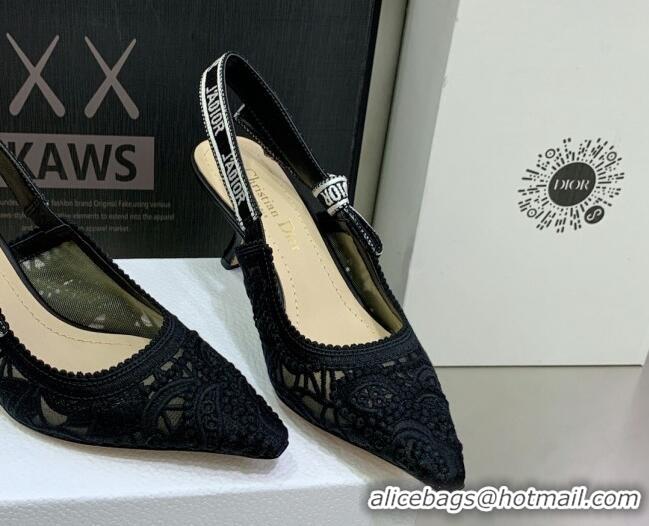 Pretty Style Dior J'Adior Slingback Pumps 6.5cm in Black Macrame Embroidered Cotton 2062148