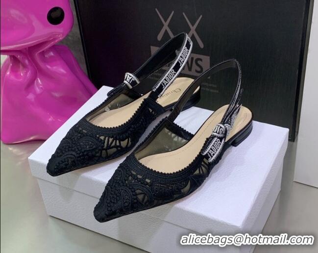 Low Price Dior J'Adior Slingback Ballerinas Flat in Black Macrame Embroidered Cotton 062149