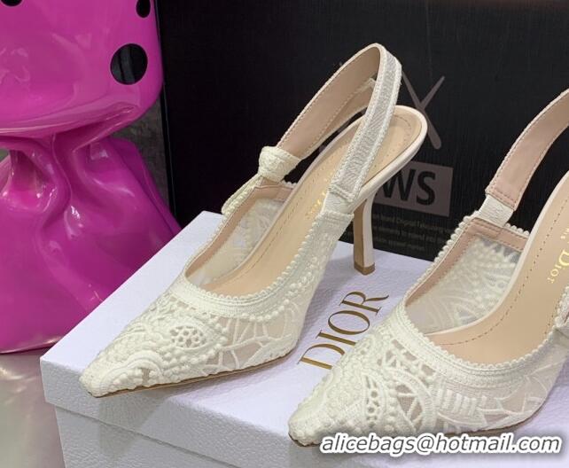 Discount Fashion Dior J'Adior Slingback Pumps 9.5cm in White Macrame Embroidered Cotton 062150