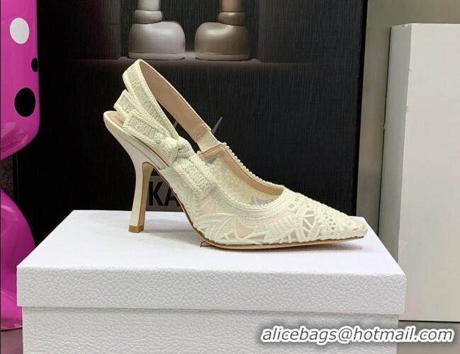 Discount Fashion Dior J'Adior Slingback Pumps 9.5cm in White Macrame Embroidered Cotton 062150