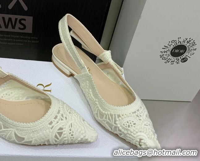 Duplicate Dior J'Adior Slingback Ballerinas Flat in White Macrame Embroidered Cotton 062152