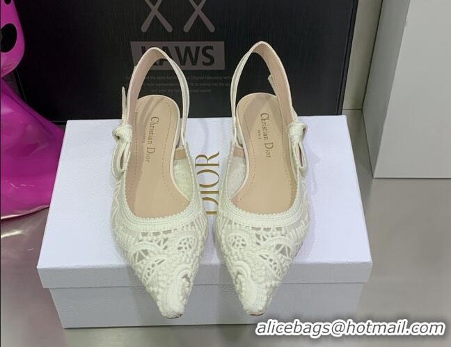 Duplicate Dior J'Adior Slingback Ballerinas Flat in White Macrame Embroidered Cotton 062152