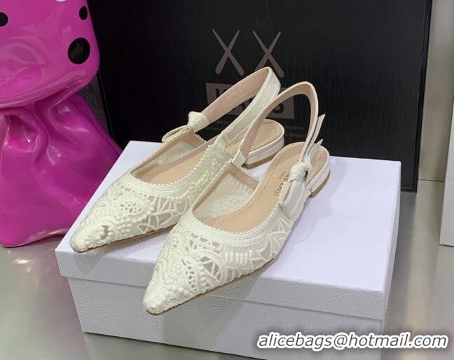 Duplicate Dior J'Adior Slingback Ballerinas Flat in White Macrame Embroidered Cotton 062152