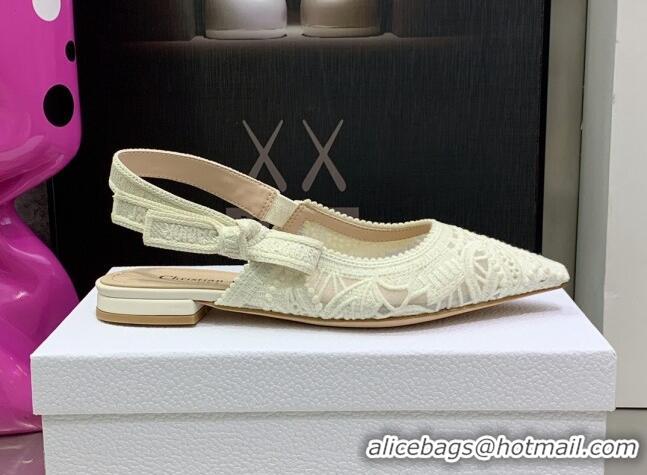 Duplicate Dior J'Adior Slingback Ballerinas Flat in White Macrame Embroidered Cotton 062152