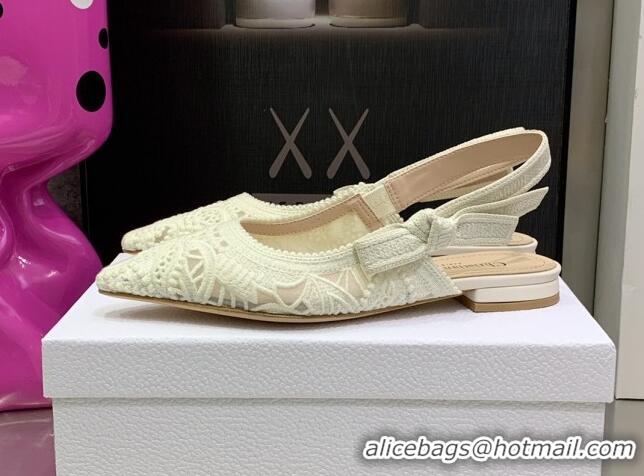 Duplicate Dior J'Adior Slingback Ballerinas Flat in White Macrame Embroidered Cotton 062152