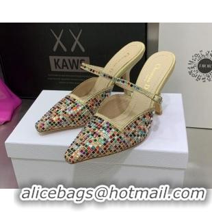 Purchase Dior Muleat Heel Mules in Beige Cotton Embroidered with Square Strass 9.5cm 062153