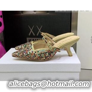 Best Grade Dior Muleat Heel Mules in Beige Cotton Embroidered with Square Strass 6.5cm 062154