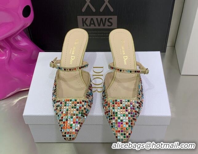 Best Grade Dior Muleat Heel Mules in Beige Cotton Embroidered with Square Strass 6.5cm 062154