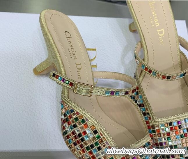 Best Grade Dior Muleat Heel Mules in Beige Cotton Embroidered with Square Strass 6.5cm 062154